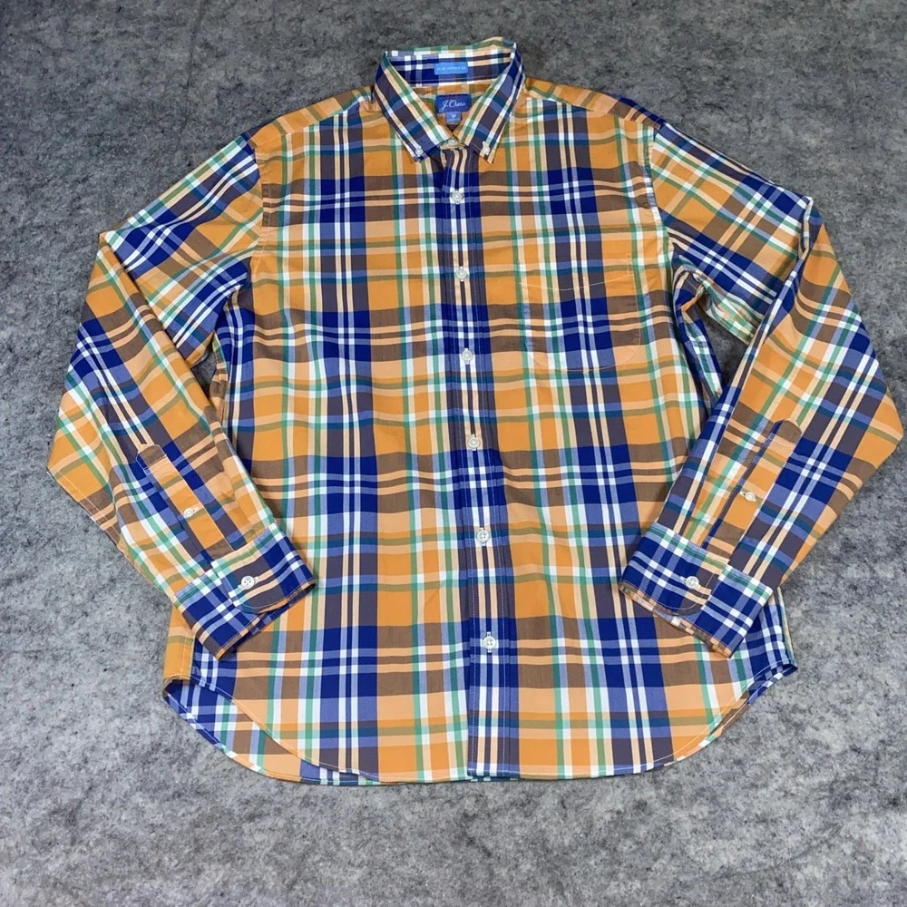 J. Crew Button Up‎ Shirt Men's Blue & Orange Plaid Slim Untucked Stretch Cotton